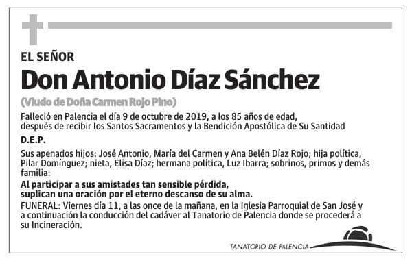 Esquela de Don Antonio Díaz Sánchez : Fallecimiento | Esquela en El ...