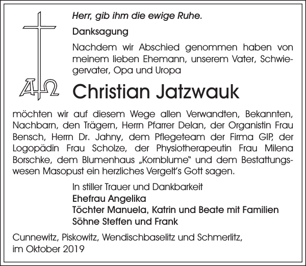Christian Jatzwauk Traueranzeige Sächsische Zeitung
