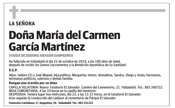 Esquela de Doña María del Carmen García Martínez : Fallecimiento ...