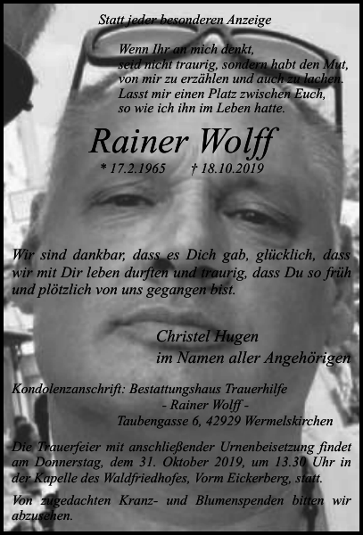 Rainer Wolff : Traueranzeige : Remscheider General-Anzeiger