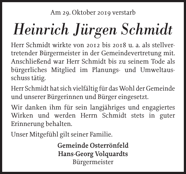 Heinrich Jürgen Schmidt Gedenken Landeszeitung