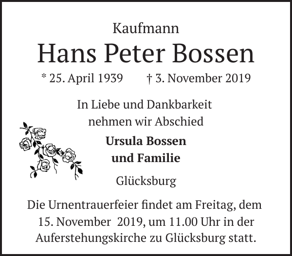 Hans Peter Bossen Traueranzeige Flensburger Tageblatt