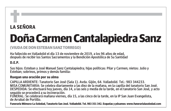 Esquela de Doña Carmen Cantalapiedra Sanz : Fallecimiento | Esquela en ...