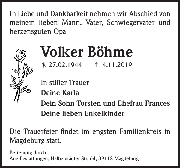 Volker Böhme: Traueranzeige : Zeitung für die Landeshauptstadt
