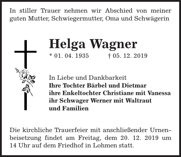 Helga Wagner: Traueranzeige : Sächsische Zeitung