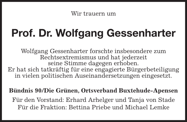 Prof. Dr. Wolfgang Gessenharter Nachruf Stader Tageblatt