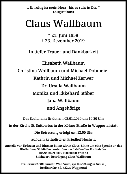 Claus Wallbaum Traueranzeige Westdeutsche Zeitung
