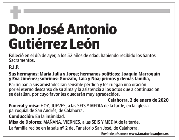 Esquela de Don José Antonio Gutiérrez León : Fallecimiento | Esquela en ...