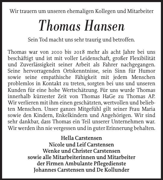 Thomas Hansen : Gedenken : Husumer Nachrichten