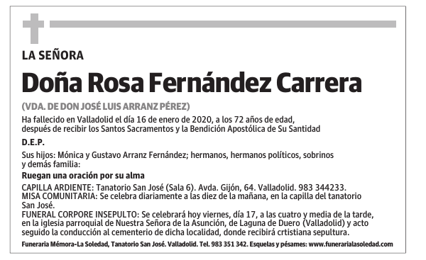 Esquela de Doña Rosa Fernández Carrera : Fallecimiento | Esquela en El ...