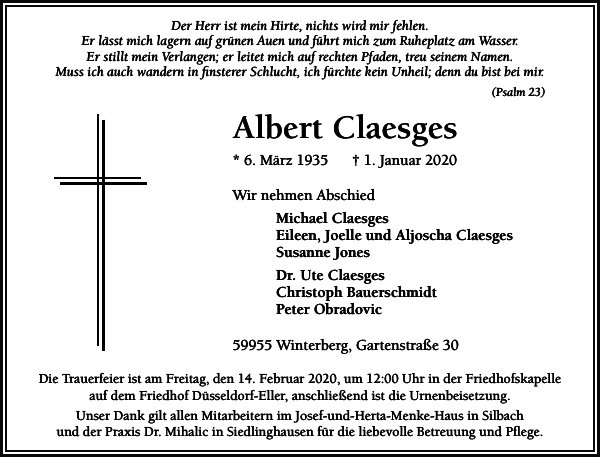 Albert Claesges Traueranzeige Westdeutsche Zeitung