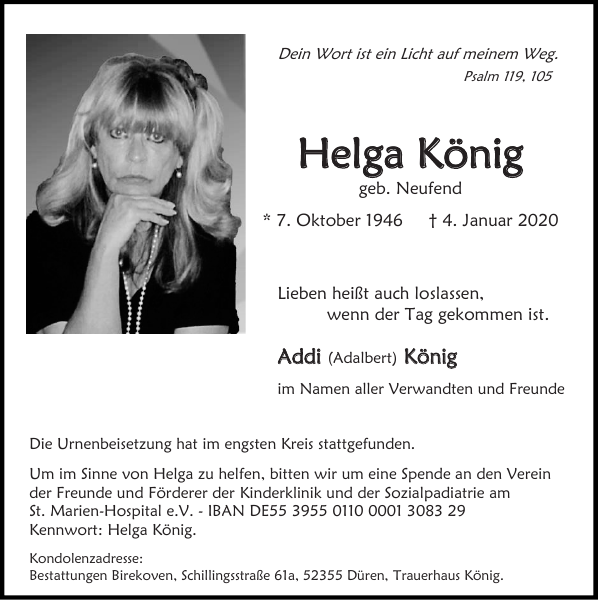 Helga König : Traueranzeige : Super Sonntag / Super Mittwoch