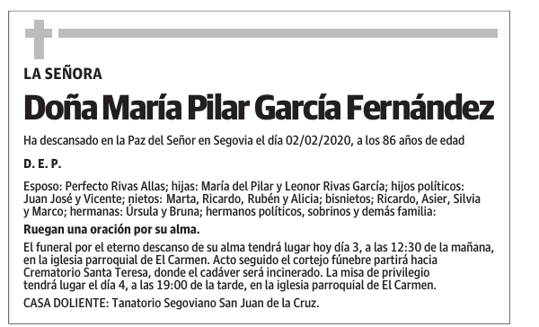 Esquela de Doña María Pilar García Fernández : Fallecimiento | Esquela ...