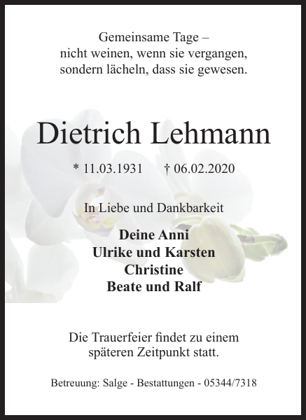 Dietrich Lehmann : Traueranzeige : Peiner Nachrichten