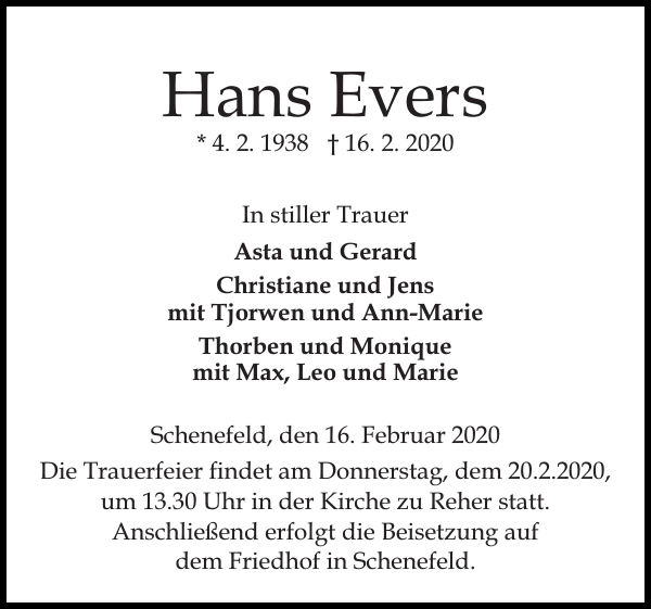 Hans Evers Traueranzeige Norddeutsche Rundschau