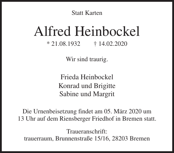Alfred Heinbockel Traueranzeige Stader Tageblatt