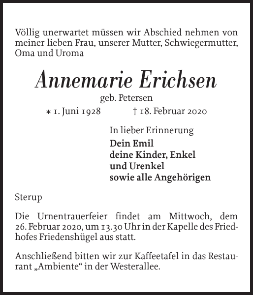 Annemarie Erichsen Traueranzeige Flensburger Tageblatt