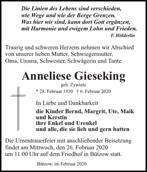 Anneliese Gieseking : Traueranzeige : Bützower Zeitung