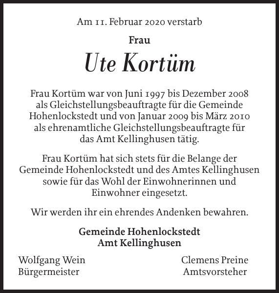 Ute Kortüm Gedenken Norddeutsche Rundschau