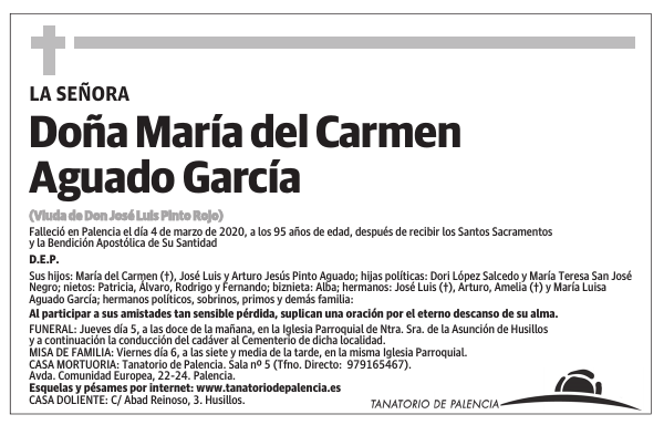 Esquela de Doña María del Carmen Aguado García : Fallecimiento ...