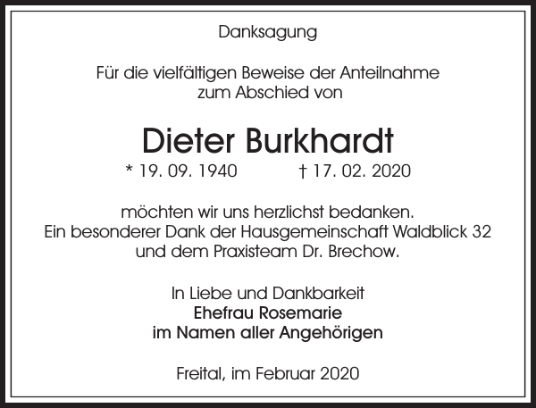 Dieter Burkhardt : Danksagung : Sächsische Zeitung