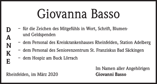 Giovanna Basso Traueranzeige Badische Zeitung