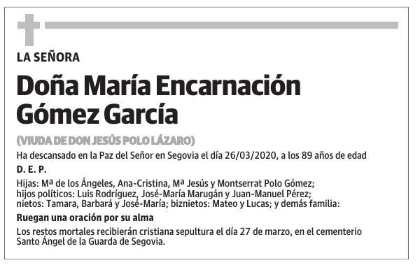 Esquela de Doña María Encarnación Gómez García : Fallecimiento ...