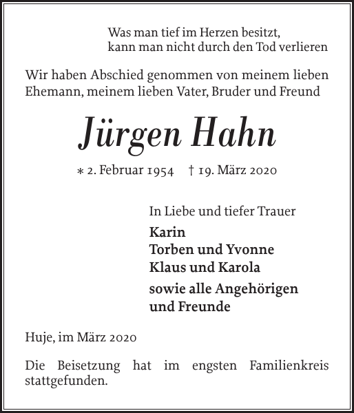 Jürgen Hahn Traueranzeige Norddeutsche Rundschau