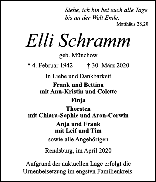 Elli Schramm Traueranzeige Landeszeitung