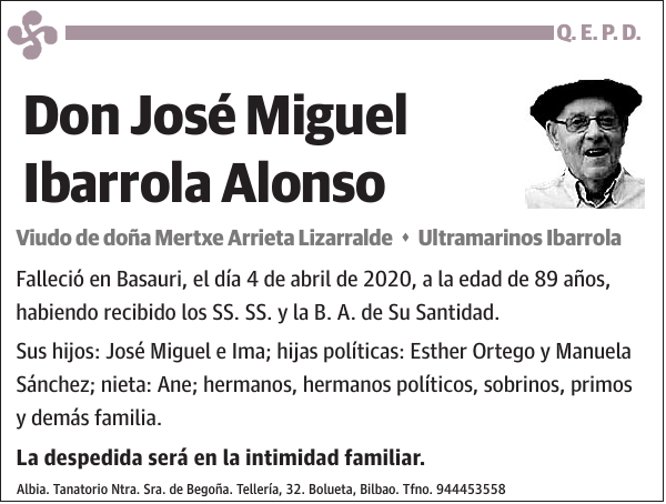 Esquela de José Miguel Ibarrola Alonso Fallecimiento Esquela en El
