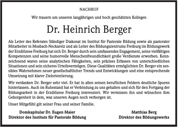 Dr. Heinrich Berger Traueranzeige Badische Zeitung