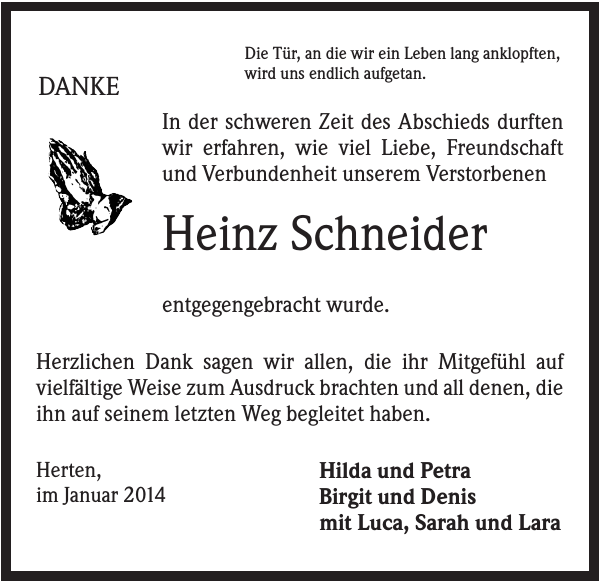 Heinz Schneider Traueranzeige Badische Zeitung