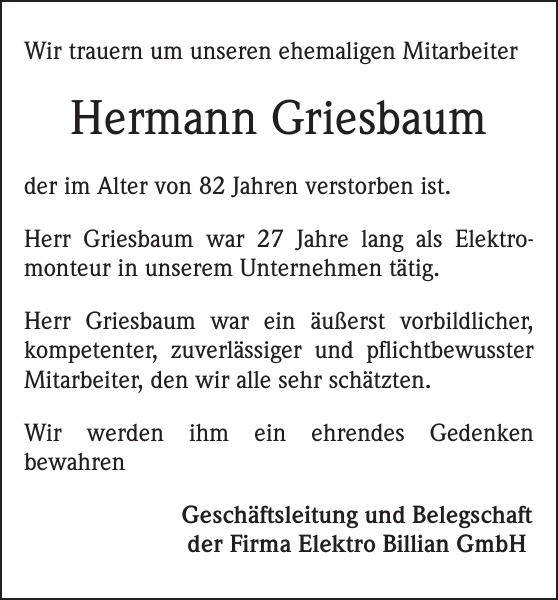 Hermann Griesbaum Traueranzeige Badische Zeitung