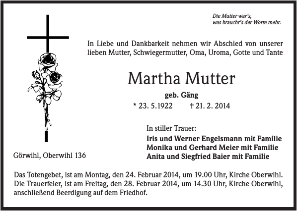 Martha Mutter Traueranzeige Badische Zeitung