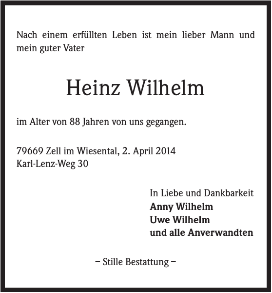 Heinz Wilhelm Traueranzeige Badische Zeitung