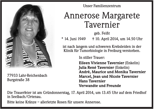 Annerose Margarete Tavernier Traueranzeige Badische Zeitung