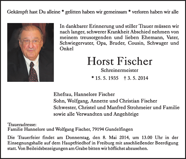 Horst Fischer Traueranzeige Badische Zeitung