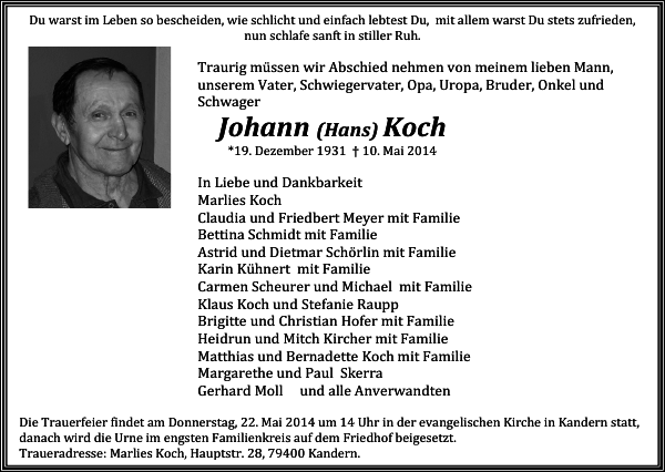Johann Koch Traueranzeige Badische Zeitung