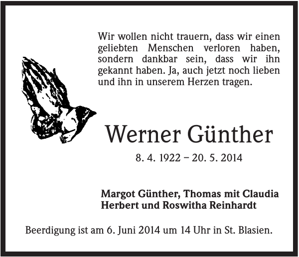 Werner Günther Traueranzeige Badische Zeitung