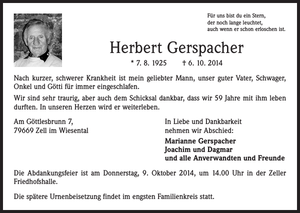 Herbert Gerspacher : Traueranzeige : Badische Zeitung