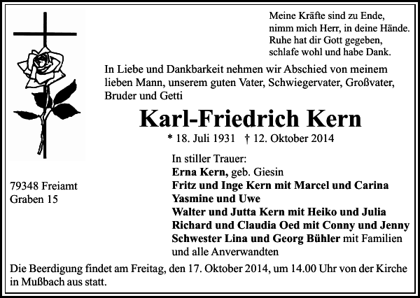 KarlFriedrich Kern Traueranzeige Badische Zeitung