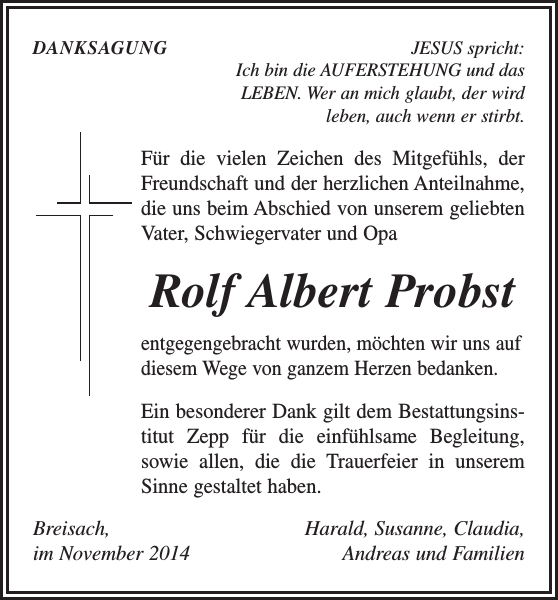 Rolf Albert Probst Traueranzeige Badische Zeitung