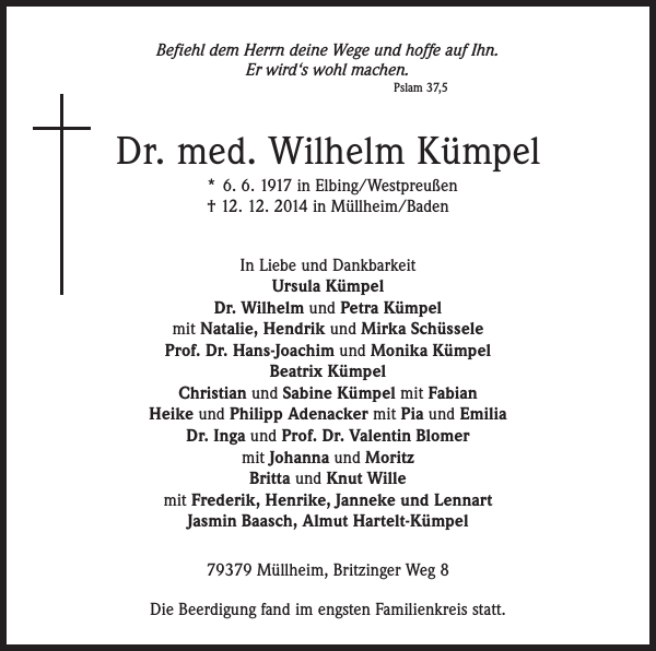 Dr. med. Wilhelm Kümpel Traueranzeige Badische Zeitung