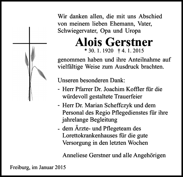 Alois Gerstner Traueranzeige Badische Zeitung