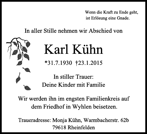 Karl Kühn Traueranzeige Badische Zeitung