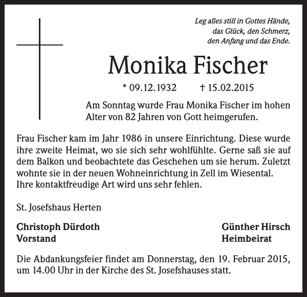 Monika Fischer Traueranzeige Badische Zeitung