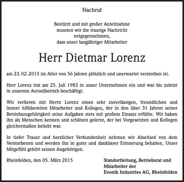 Dietmar Lorenz Traueranzeige Badische Zeitung
