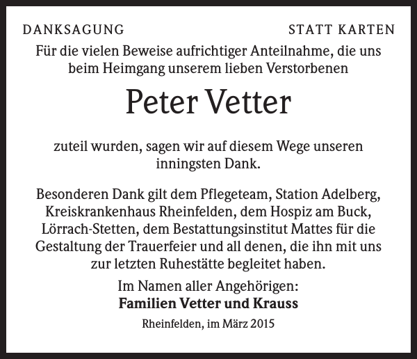 Peter Vetter Traueranzeige Badische Zeitung