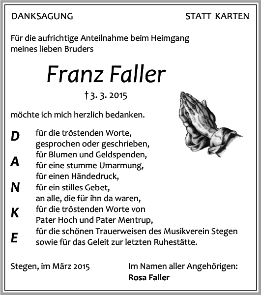 Franz Faller Traueranzeige Badische Zeitung