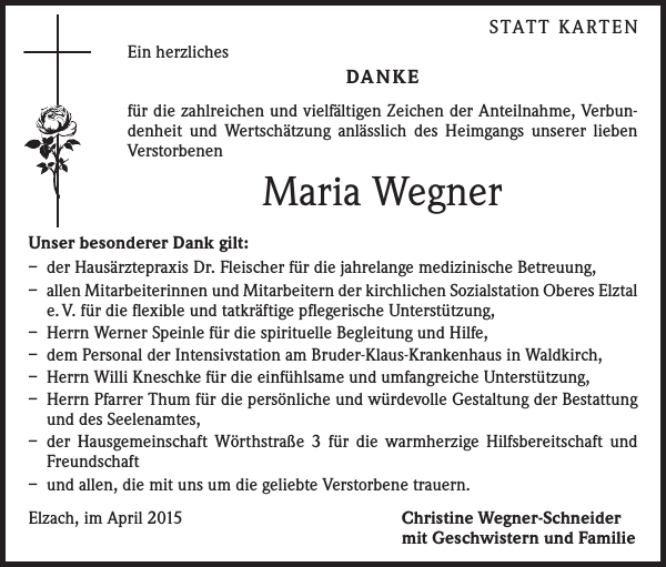Maria Wegner: Danksagung : Badische Zeitung